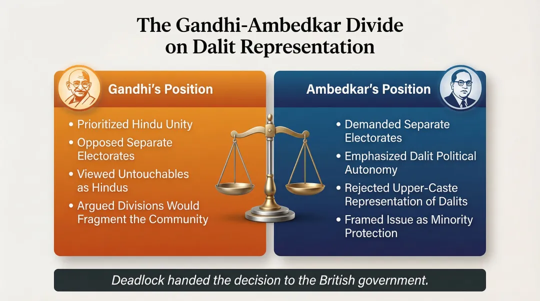 Gandhi versus Ambedkar ideological clash over Dalit separate electorates comparison infographic