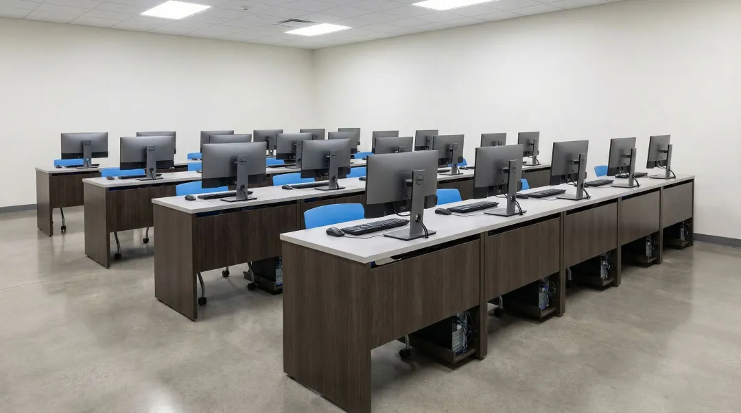 Technology-integrated computer training desks with concealed cable management in classroom setting