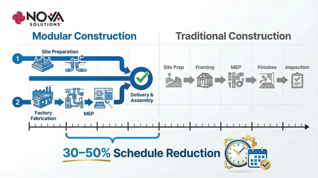 Modular versus traditional construction parallel workflow timeline comparison infographic