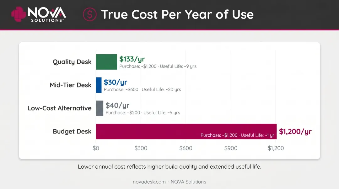 Classroom furniture total cost of ownership comparison quality versus budget desk annual cost breakdown