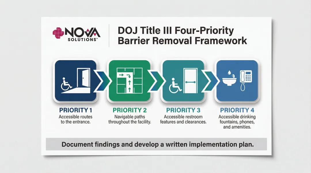 DOJ four-priority ADA barrier removal framework process flow infographic