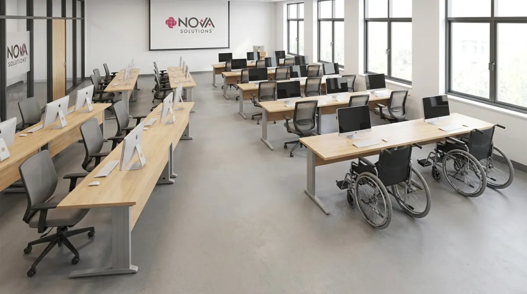 ADA-compliant training room layout showing accessible workstation positions and aisle clearances