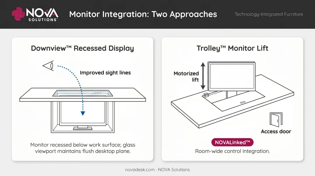 Downview recessed monitor versus Trolley monitor lift side-by-side comparison infographic