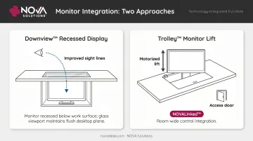Downview recessed monitor versus Trolley monitor lift side-by-side comparison infographic