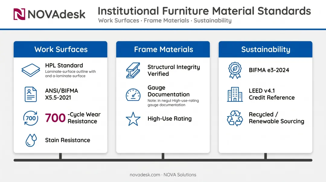 Institutional furniture material selection guide covering surfaces frames and sustainability standards