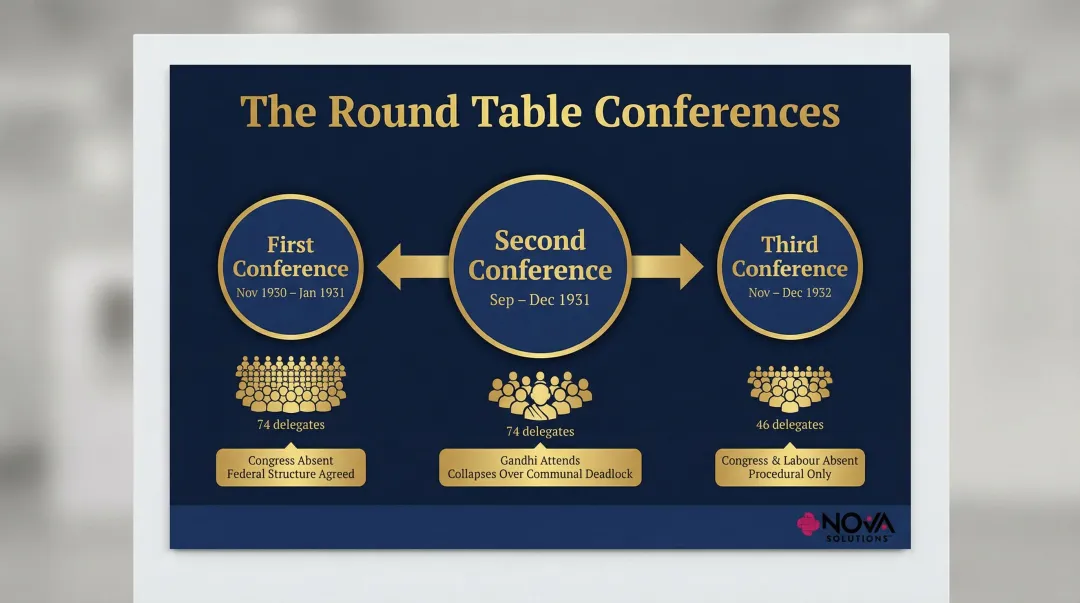 Three Round Table Conferences 1930-1932 timeline comparing attendance and key outcomes