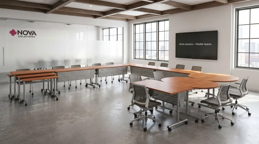 NOVA Solutions modular nesting conference tables reconfigured in multiple room layouts