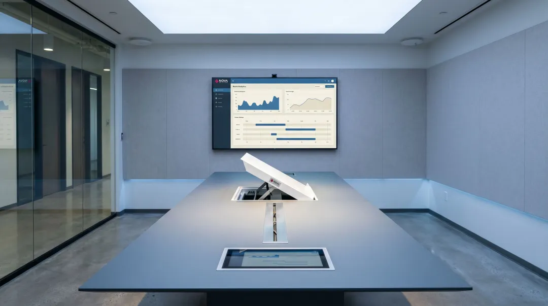 Futuristic smart conference room with occupancy sensors unified data dashboard display