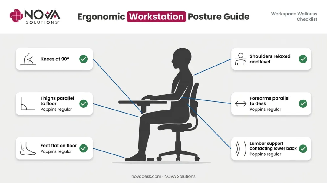 Correct gaming seated posture checklist six-point ergonomic alignment diagram