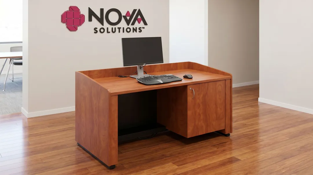 ADA-compliant accessible workstation with integrated wire management and clear floor space