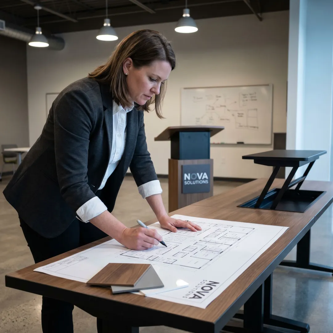 Designer reviewing custom office furniture plans