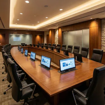 NOVA Solutions conference table with integrated monitor lift in a corporate boardroom
