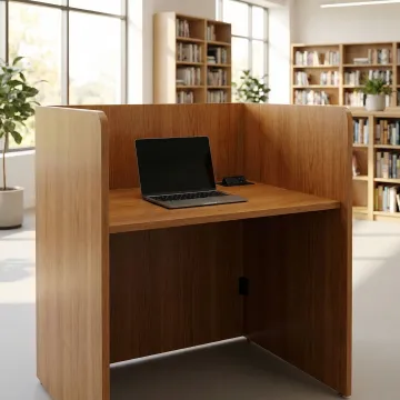 Close-up of a modern library study carrel with integrated power and privacy panels