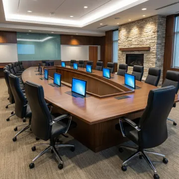 Technology-integrated conference table with retractable monitor lifts in a professional boardroom