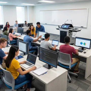 Modular computer training desks arranged in a modern classroom with AV technology