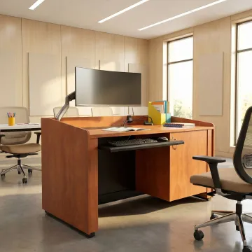 Accessible sit/stand ADA-compliant desk in a bright, modern training room environment