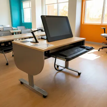 ADA-compliant computer training desk with accessible keyboard drawer and wire management in a modern classroom