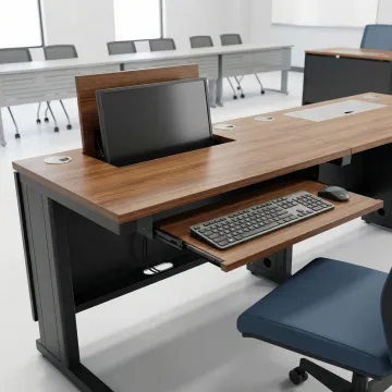 Close-up of NOVA Solutions computer training desk with integrated wire management and monitor lift in a California classroom