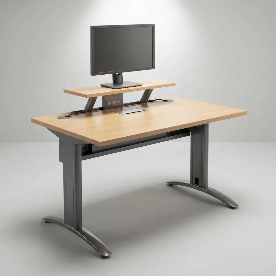 Technology-integrated commercial furniture with monitor lift