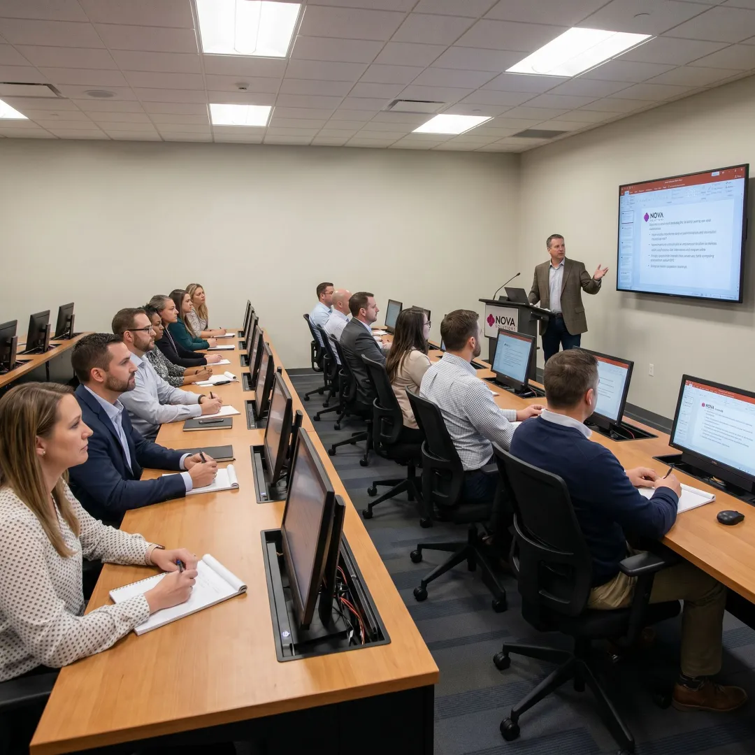 Corporate learning center with training tables and AV furniture
