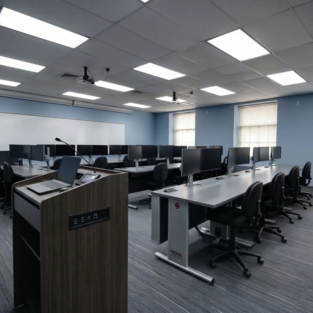 Technology-integrated training furniture in a corporate classroom