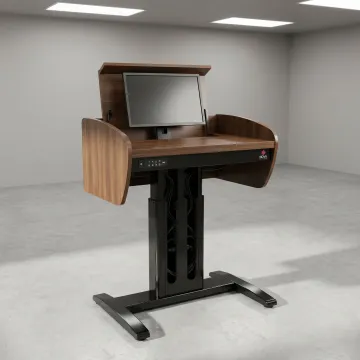 Electric sit stand podium with integrated AV equipment