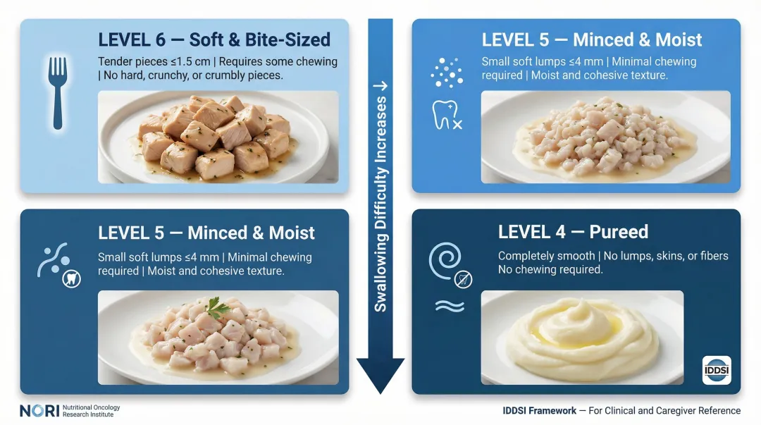 IDDSI dysphagia diet texture levels 4 through 6 progression guide for cancer patients