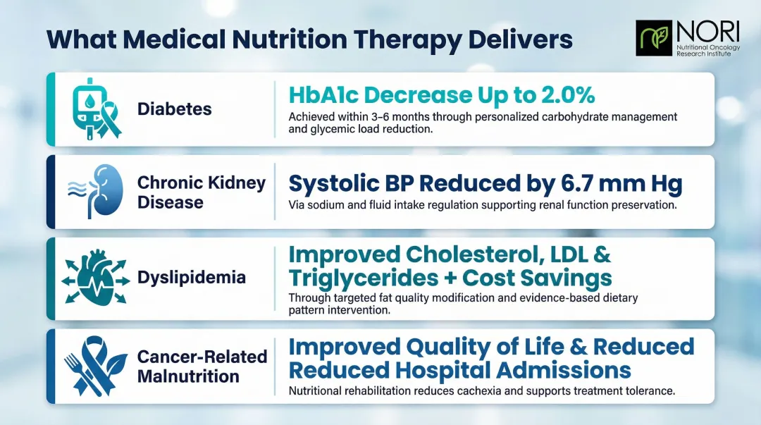 Medical nutrition therapy clinical outcomes across diabetes kidney disease dyslipidemia and cancer
