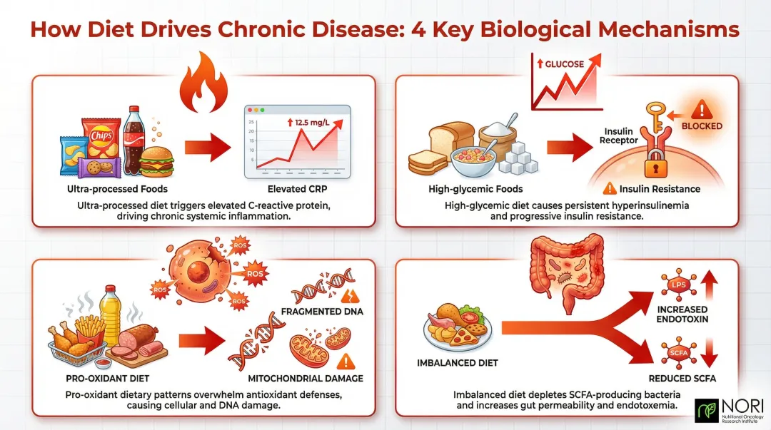 Four biological mechanisms linking diet to chronic disease progression infographic