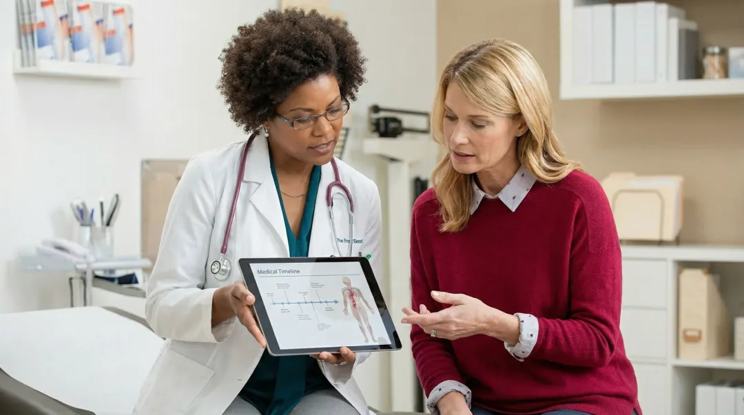 Oncologist reviewing immunotherapy treatment plan with breast cancer patient in clinic