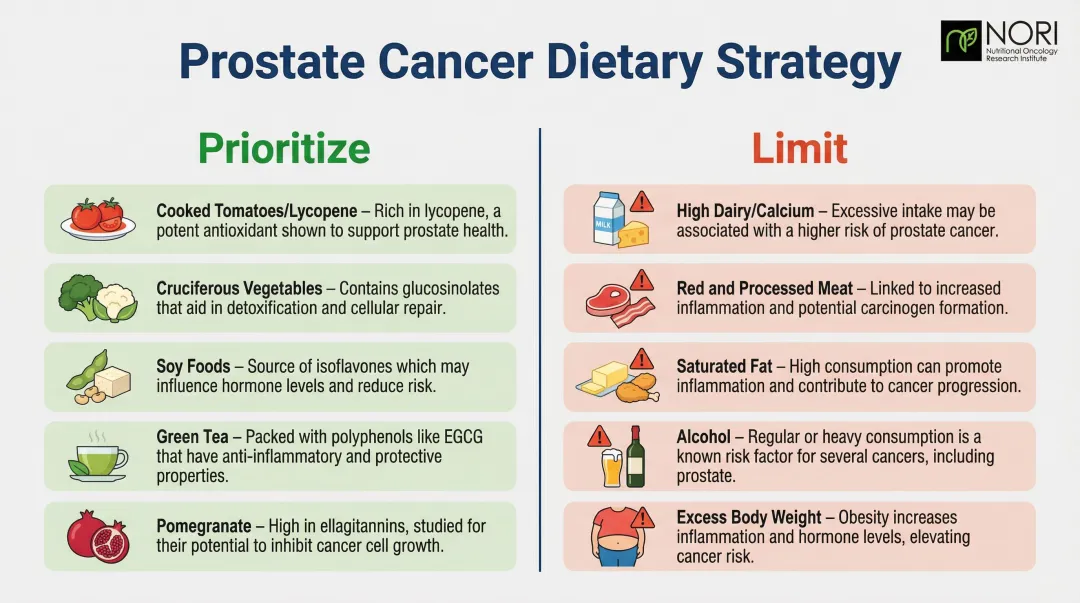 Prostate cancer diet foods to prioritize versus limit side-by-side comparison chart
