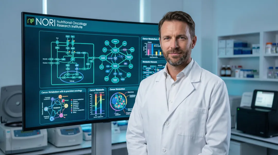 Scientist researcher reviewing molecular cancer metabolism data on laboratory screen