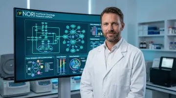 Scientist researcher reviewing molecular cancer metabolism data on laboratory screen