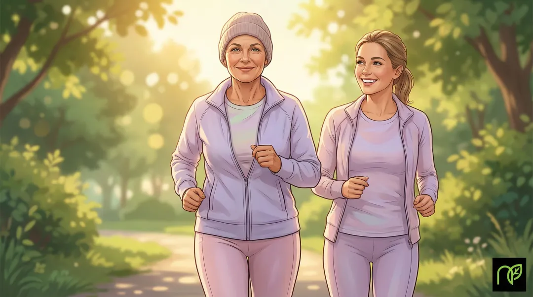 Cancer patient doing moderate exercise outdoors supported by oncology care team