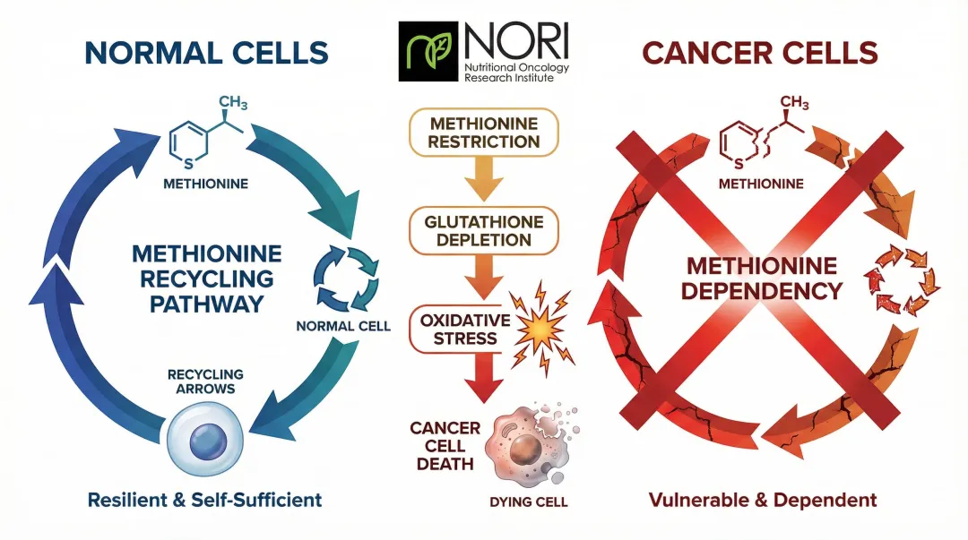 Methionine restriction mechanism targeting cancer cell metabolic dependency infographic