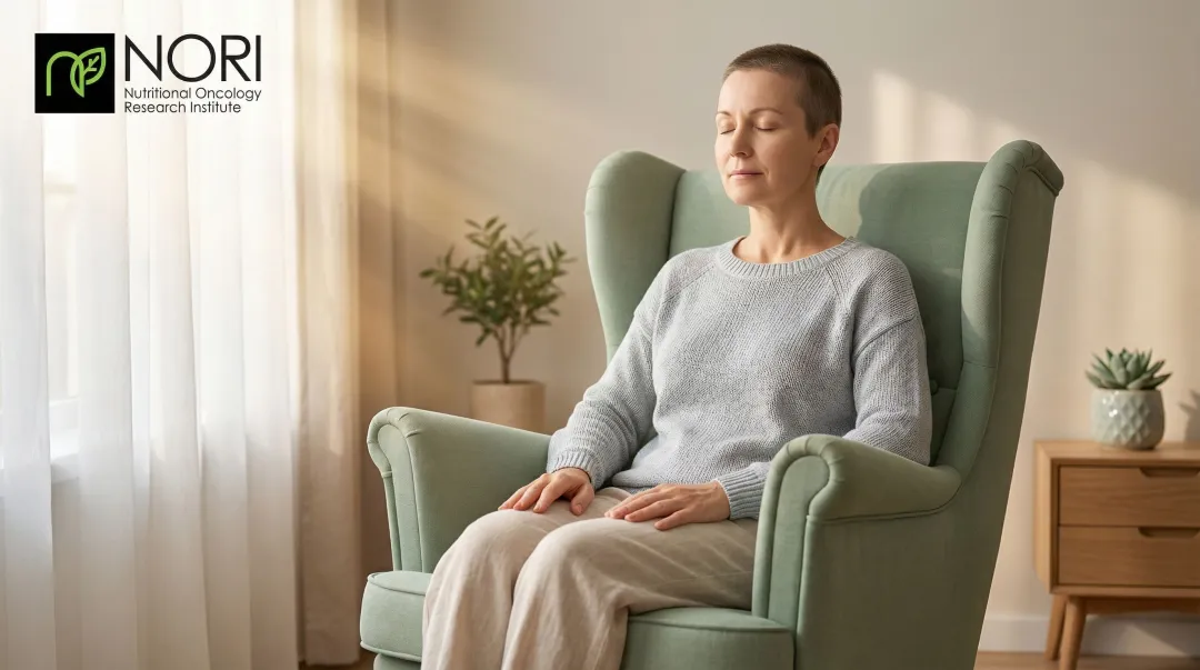 Cancer patient practicing mindfulness meditation during chemotherapy treatment session