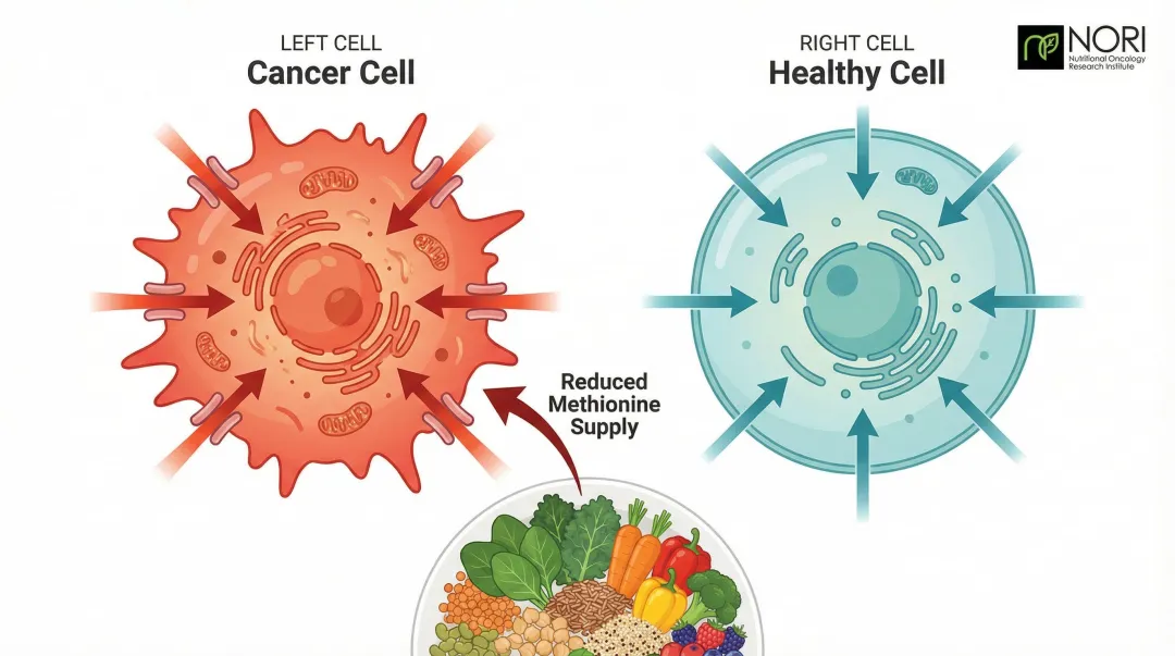 Conceptual illustration of methionine restriction targeting cancer cell metabolism pathway