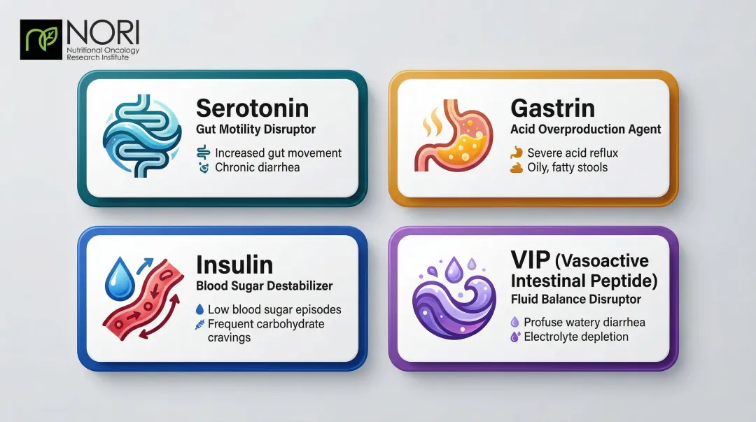 Four NET hormone types and their digestive disruption effects comparison infographic