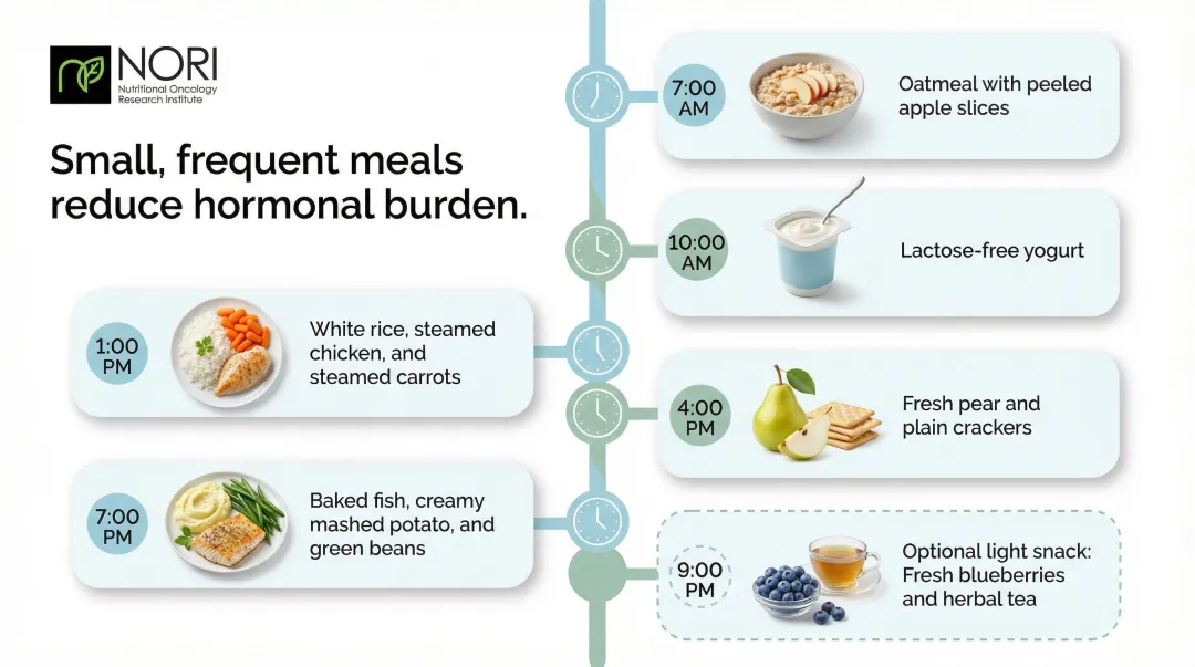 Six-meal NET-friendly daily eating schedule with times and example foods