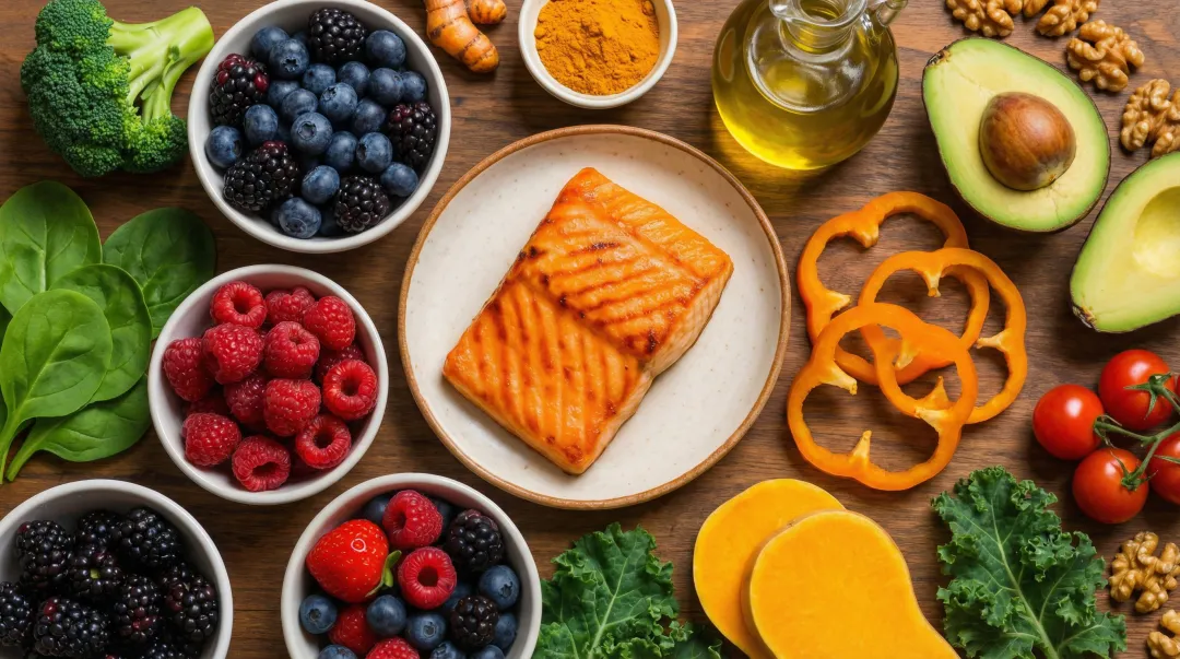 Colorful array of anti-inflammatory cruciferous vegetables berries and omega-3 rich foods