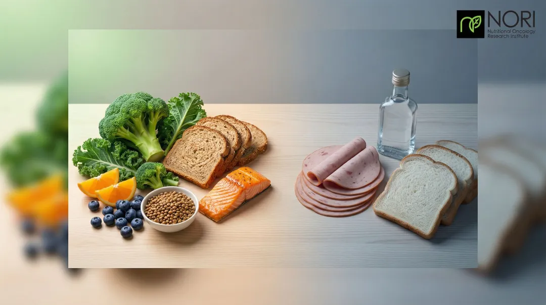 Colon cancer diet guide showing foods to prioritize versus foods to avoid