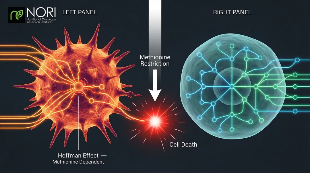 Scientific illustration of cancer cell methionine dependency versus healthy cell metabolic resilience