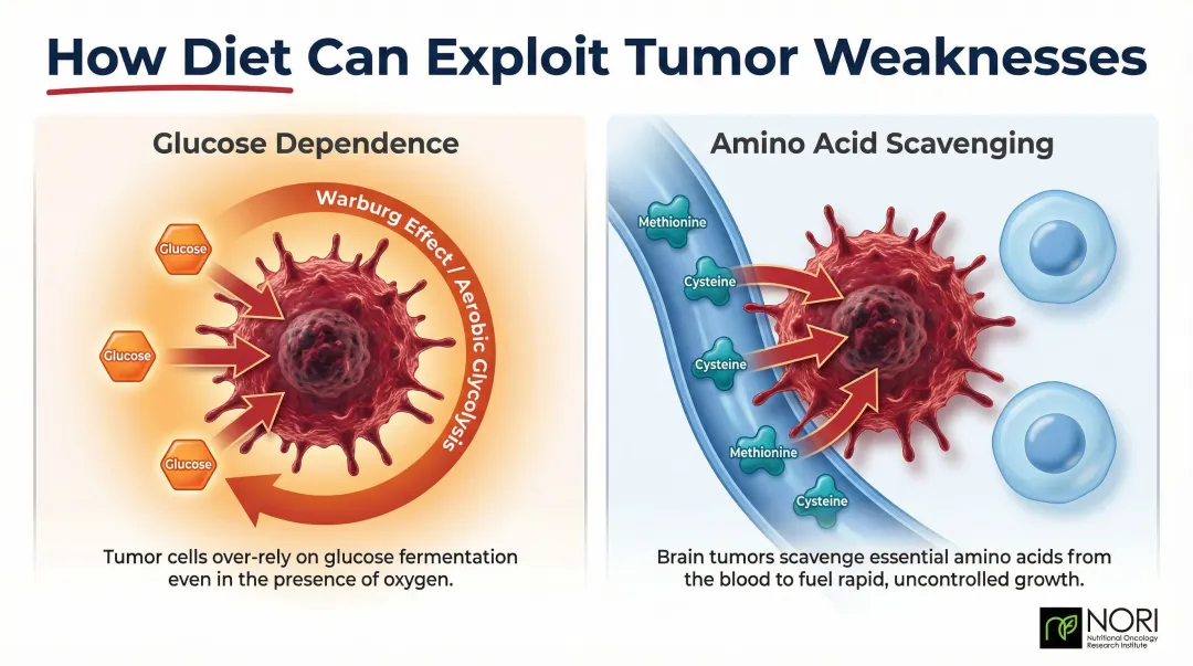 Two brain tumor metabolic vulnerabilities glucose dependence and amino acid scavenging diagram