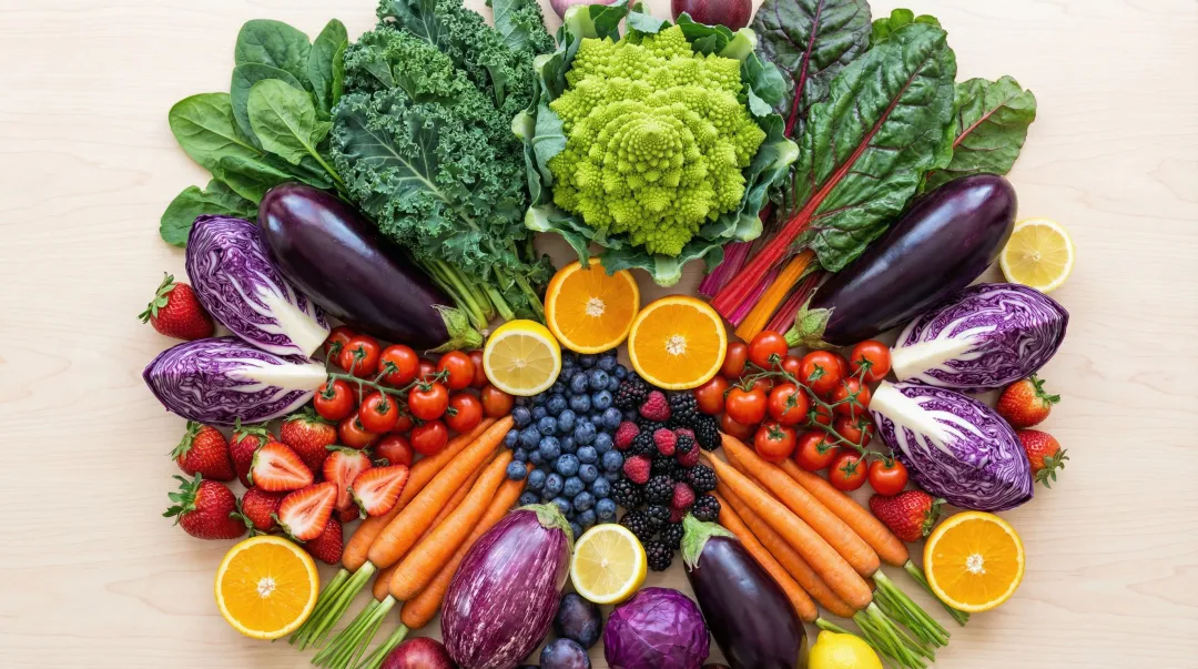 Colorful array of antioxidant vegetables and berries including broccoli kale and blueberries