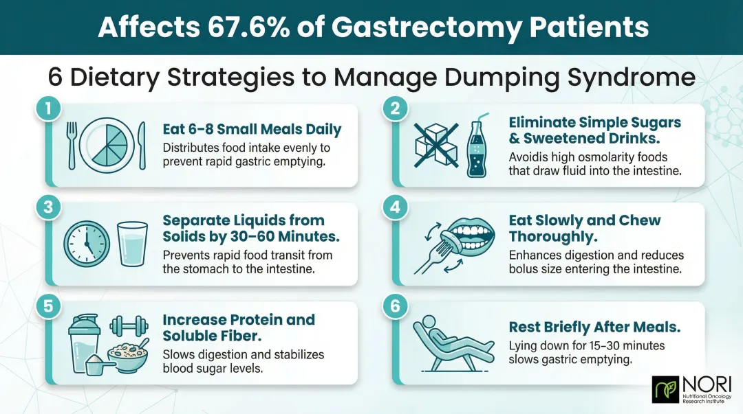 Six dietary strategies to manage dumping syndrome after gastrectomy process infographic