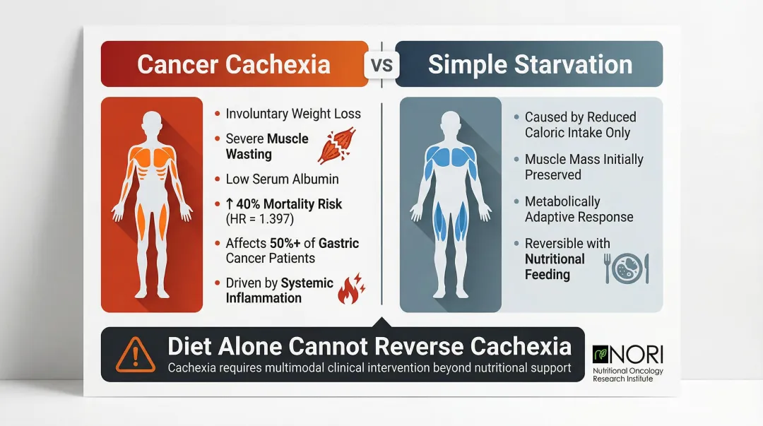 Cancer cachexia versus starvation metabolic comparison infographic with key statistics