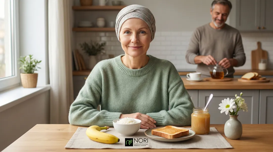 Cancer patient eating light bland diet foods during immunotherapy-induced colitis recovery