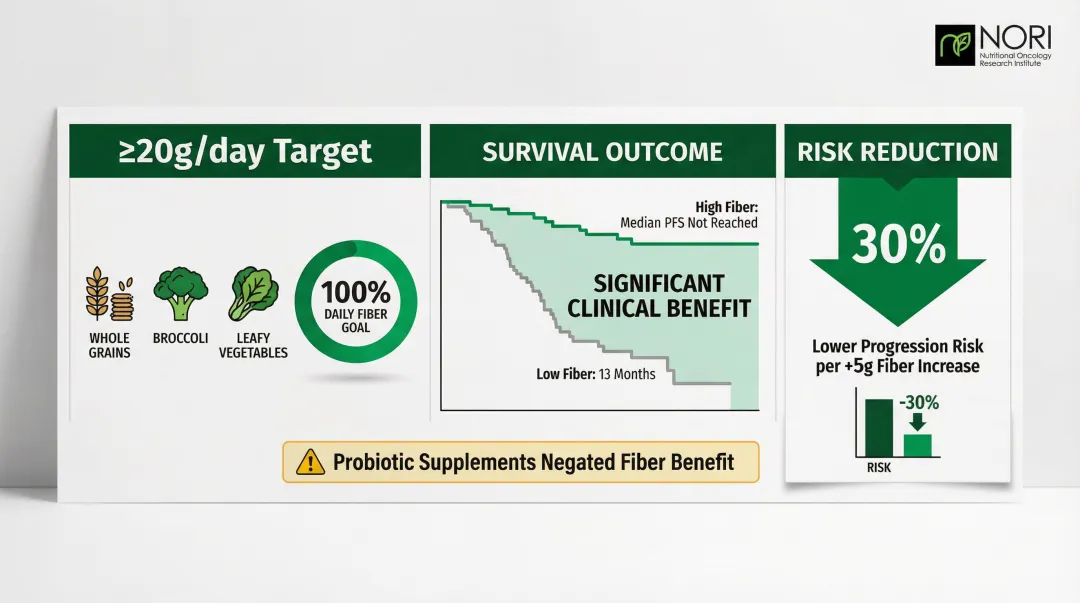 Dietary fiber intake immunotherapy response rates and gut microbiome connection infographic