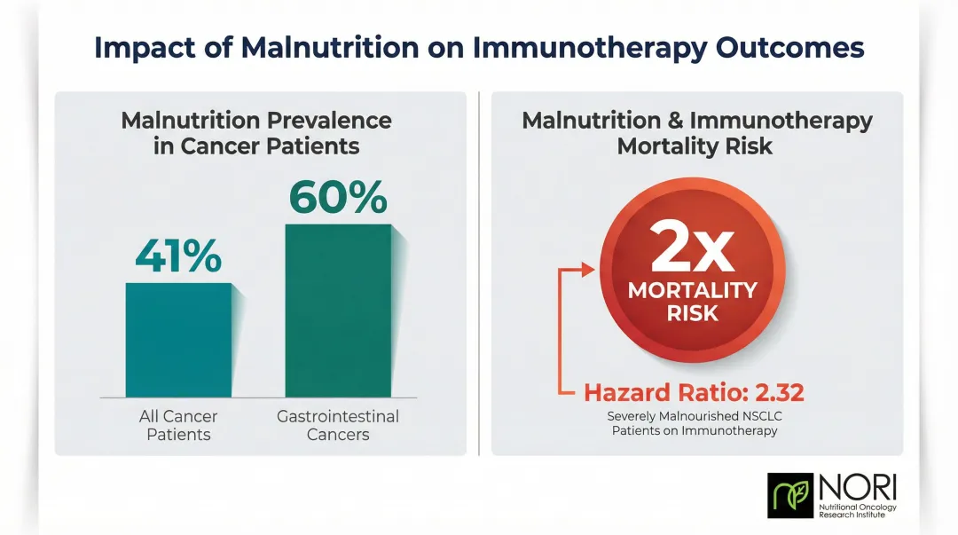 Cancer malnutrition prevalence rates and immunotherapy survival impact comparison infographic