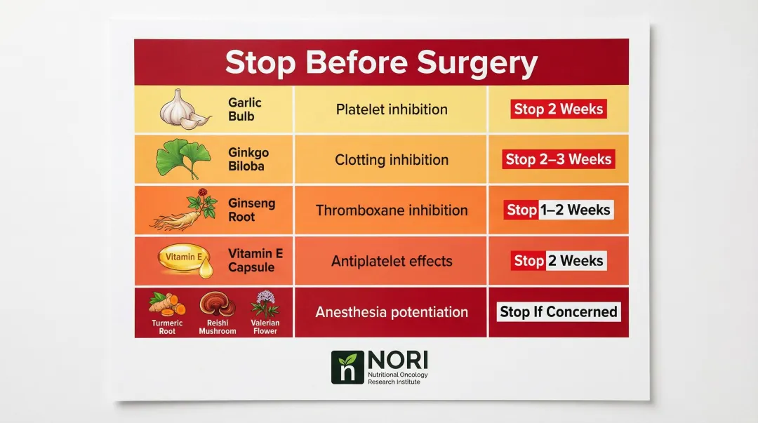 Supplements to stop before cancer surgery with cessation timeline and bleeding risks